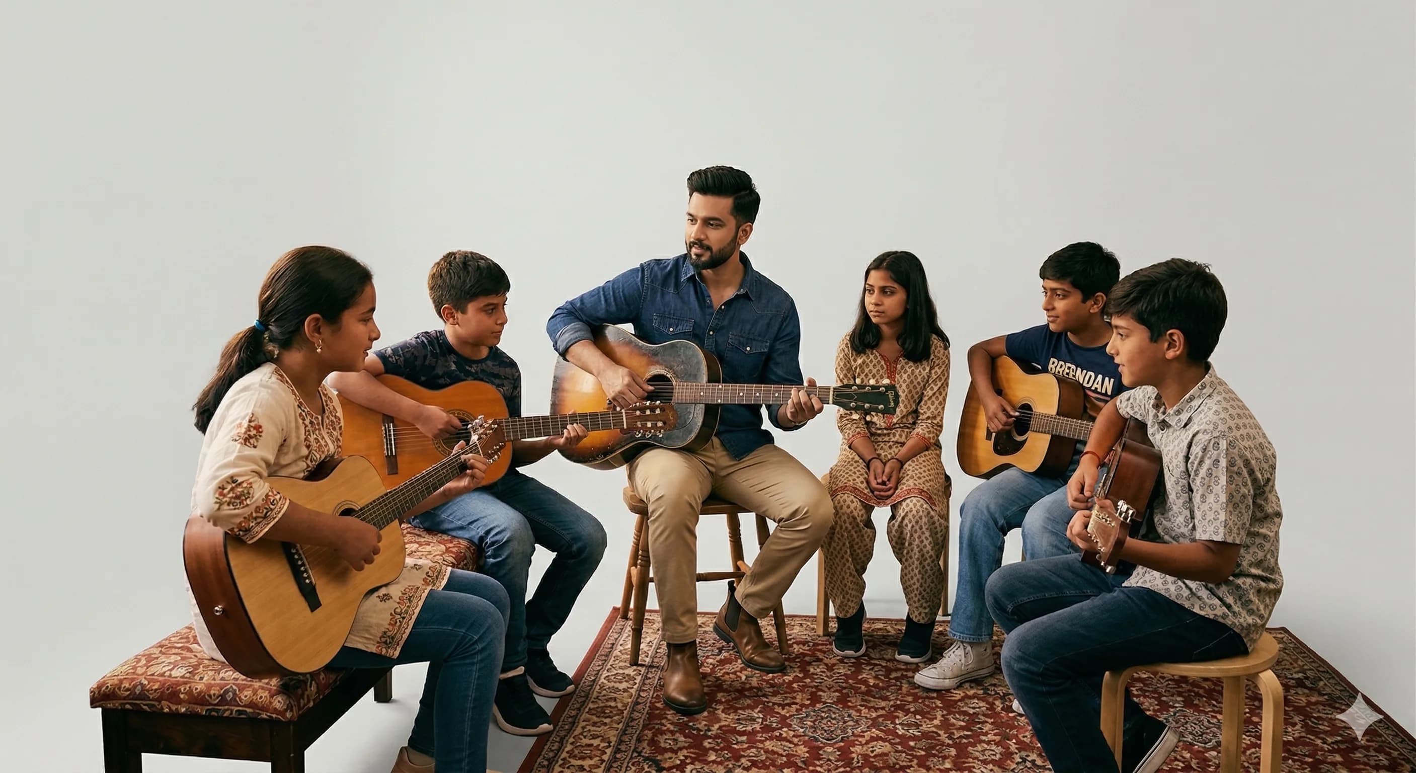 Group guitar class with instructor and students
